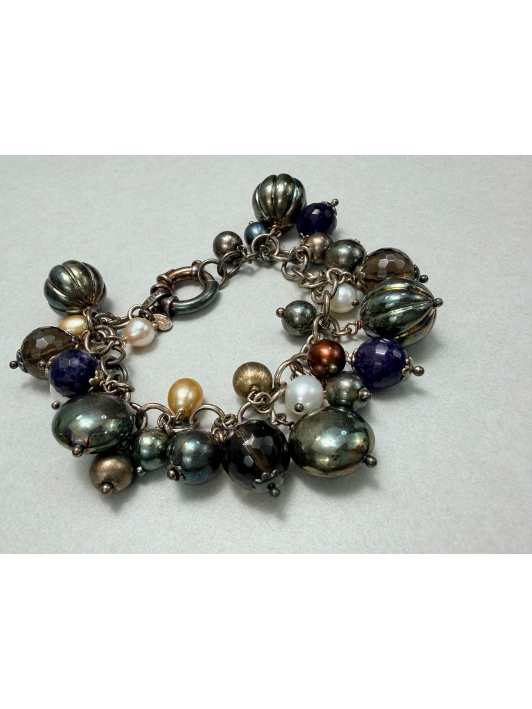Milor Italy 925 Sterling Silver Charm Bracelet Multicolor Gem Pearl 120$